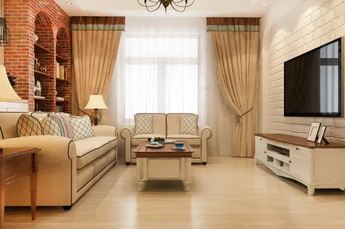 Sentuhan Elegan dengan Warna Alami Kayu di Ruang Tamu American Style