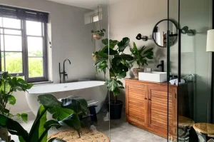 Desain Kamar Mandi Pedesaan dengan Pancuran Tropis