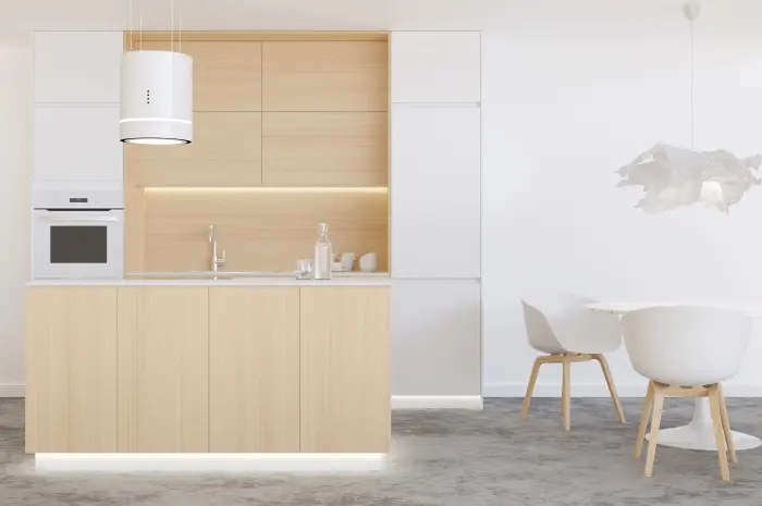 Dapur Minimalis dengan Kayu Alami dan Palet Warna Abu-abu