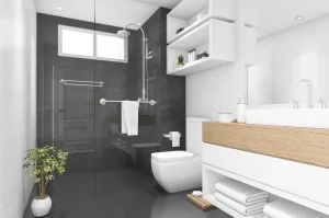 Desain Kamar Mandi Monokrom dengan Peralatan Hitam