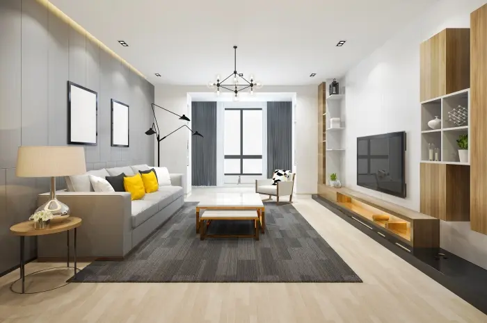 Layout Ruang Tamu Memanjang dengan Work Space