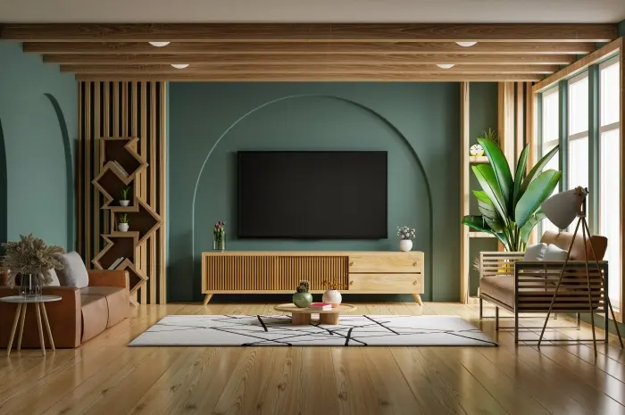 Plafon Balok Kayu dan Permadani Cokelat untuk Vibes Cozy
