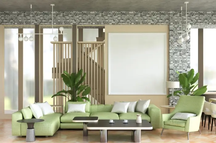 Kombinasi Sofa Hijau dengan Furnitur Berbahan Alam untuk Kesan Teduh