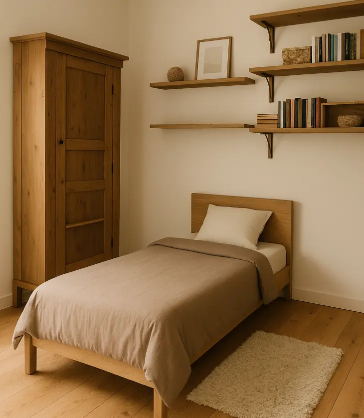 Kamar Tidur Simpel dengan Bilik Kayu Klasik