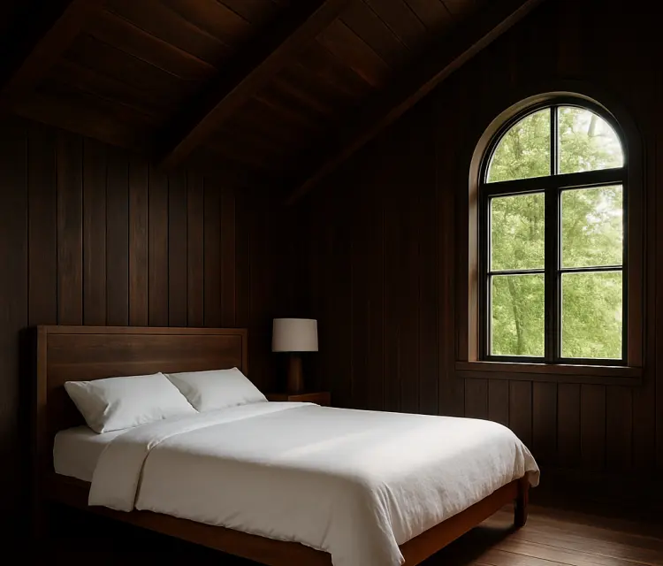 Kamar Tidur dengan Atap dan Lantai Kayu Berwarna Gelap