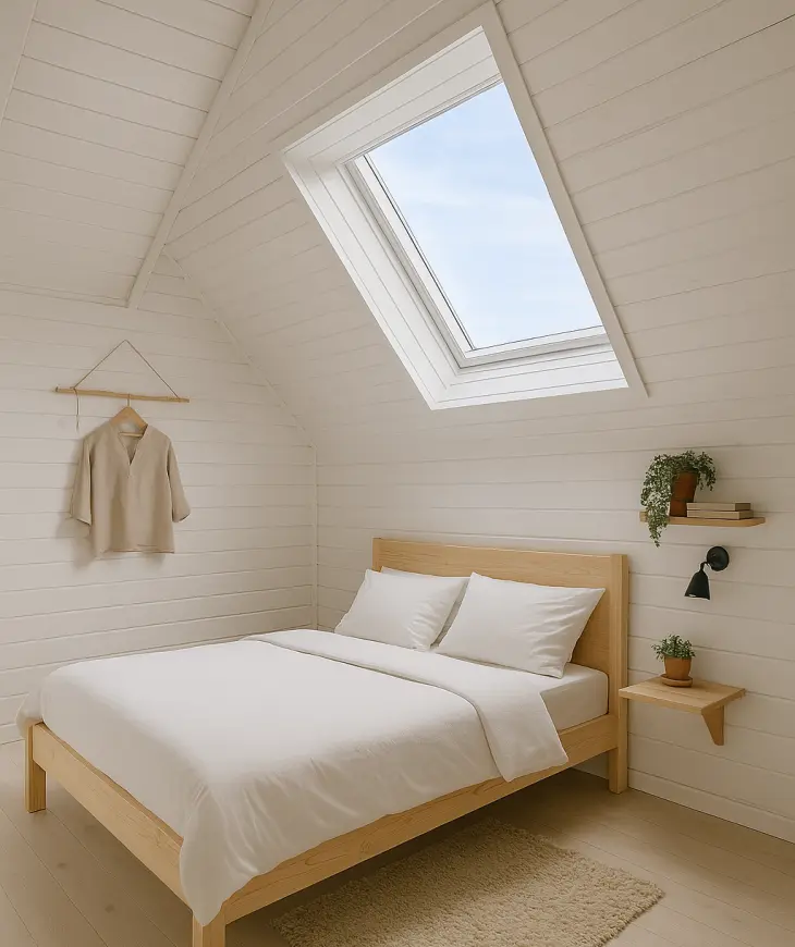 Kamar Tidur di Loteng dengan Ornamen Kayu Serba Putih