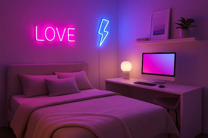 Desain Kamar Tidur Remaja Kekinian Aesthetic with Neon Lights: Simpel tapi Instagramable!